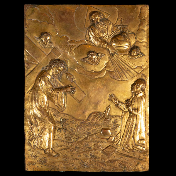 "La Visión de San Ignacio de Loyola" placa de bronce dorado. ESCUELA RENACENTISTA DEL ESCORIAL DEL SIGLO XVI, a la manera de Juan de Arfe​, ATRIBUÍDO AL TALLER DE LOS LEONI (LEONE Y POMPEO).