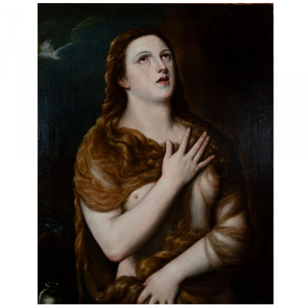Circulo o taller de Tiziano, Magdalena penitente, escuela italiana del siglo XVII, Venecia.    Óleo sobre lienzo.