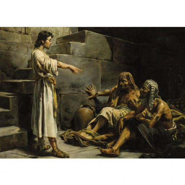 Antonio Fabres y Costa. "José interpretando los sueños del copero y el panadero del faraón". Óleo sobre lienzo. Firmado en el ángulo inferior izquierdo.