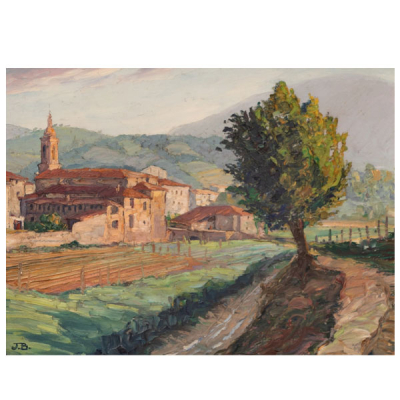 JUAN BAY&Oacute;N SALADO "BAY-SALA"   (Logro&ntilde;o 1913 - Bilbao 1995)  "Paisaje rural vasco con casas e iglesia "   