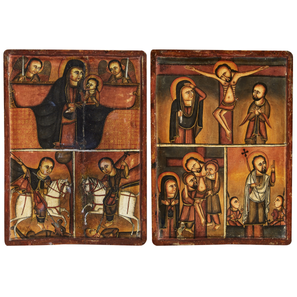 Pareja de iconos coptos con Virgen y escenas de la Pasión Cristo, ppios. del s.XX.
