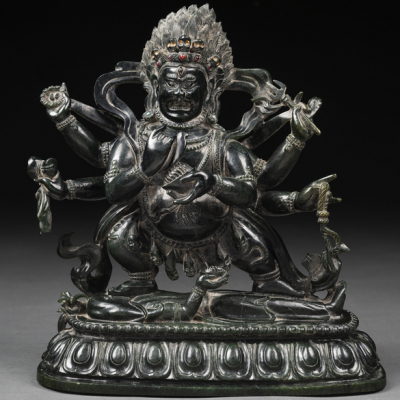 &quot;Panjaranata Makala&quot; Figura realizada en jade verde de la Dinastia Qing(1644-1912)