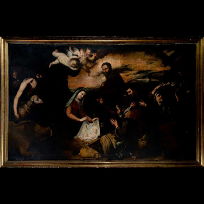 Importante Adoración de Pastores, versión de taller de José de Ribera, escuela Napolitana del siglo XVII. 