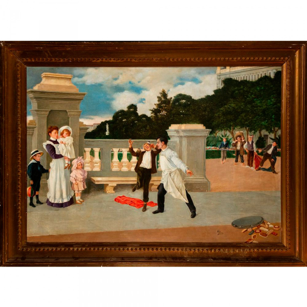 "La regañina" firmado por Lizcano, Escuela Española del siglo XIX-XX.   Óleo sobre lienzo
