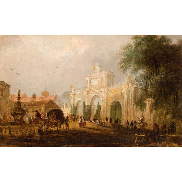 Genaro Pérez Villaamil. "Puerta de Atocha". Óleo sobre lienzo adherido a tabla.