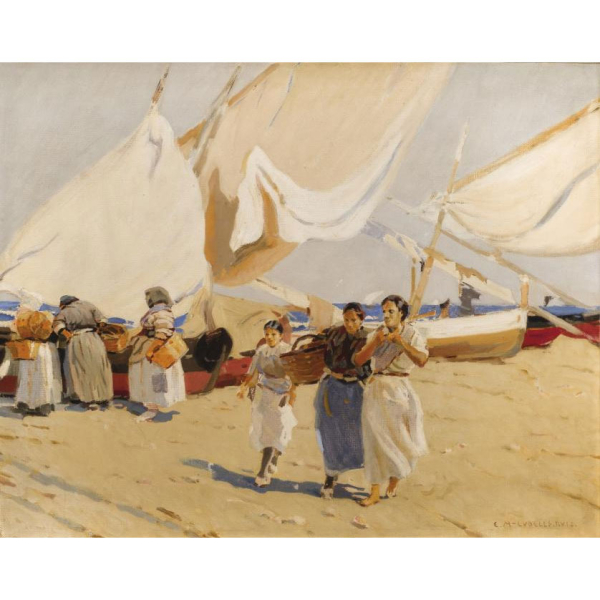 Enrique Martínez Cubells Ruiz. "Mujeres en la playa". Óleo sobre lienzo. Firmado  