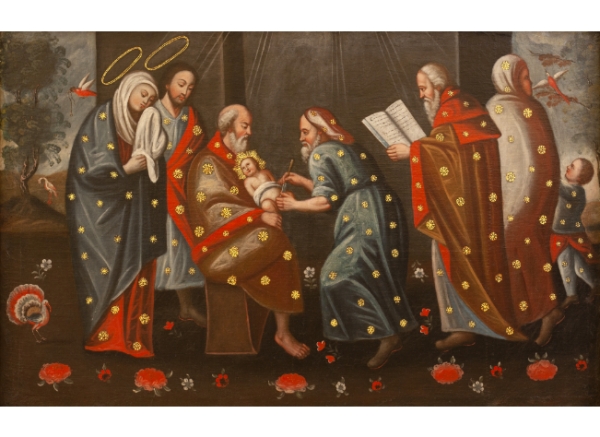 ESCUELA CUZQUEÑA, SIGLO XVIII  La Circuncisión del Niño sobre un paisaje 