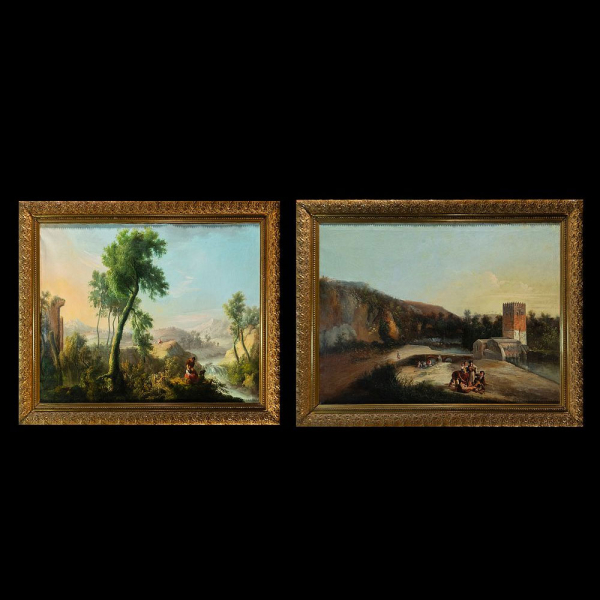 Manuel Barrón y Carrillo (Sevilla, 1814 – 1884) - Pareja de Paisajes campestres con escenas.   Óleo sobre lienzo.