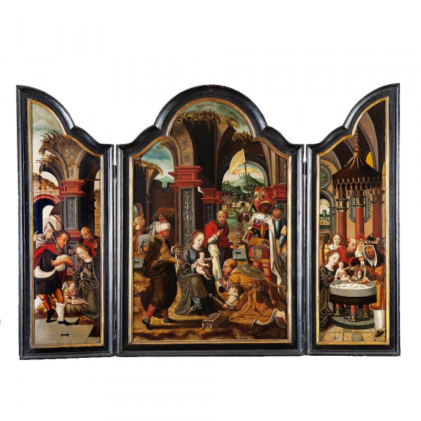 PIETER COECKE VAN AELST (Alost, 1502 – Bruselas, 1550) "La Adoración de los Reyes" (h.1540).    Óleo sobre tabla.