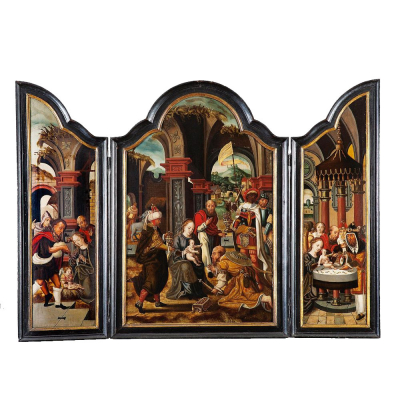 PIETER COECKE VAN AELST (Alost, 1502 &ndash; Bruselas, 1550) "La Adoraci&oacute;n de los Reyes" (h.1540).    &Oacute;leo sobre tabla.