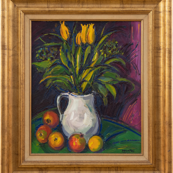 "Bodegón de flores y manzanas"  JESÚS MONTES IRIBARREN (Irún, 1940)