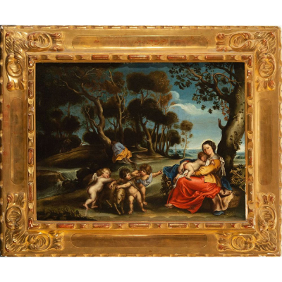 Importante "Descanso en la Hu&iacute;da a Egipto", Escuela Sevillana de Alonso Miguel de Tovar o posiblemente italiana de Emilia, siglo XVIII.