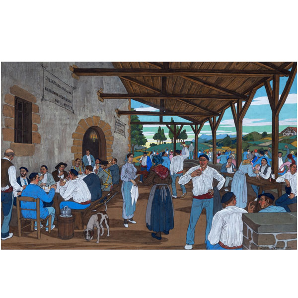 JOS&Eacute; ARRUE   (Bilbao 1885 - Llodio 1977)  "Merienda - Romer&iacute;a San Miguel 1914"  Firmado: J&oacute;se Arrue - 1914  Gouache / Papel