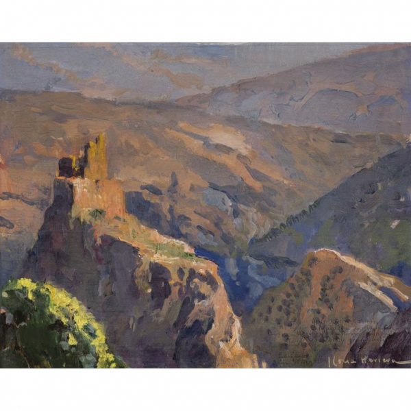 José Cruz Herrera.   "Castillo de Lanjarón". Óleo sobre tabla. Firmado en el ángulo inferior derecho.