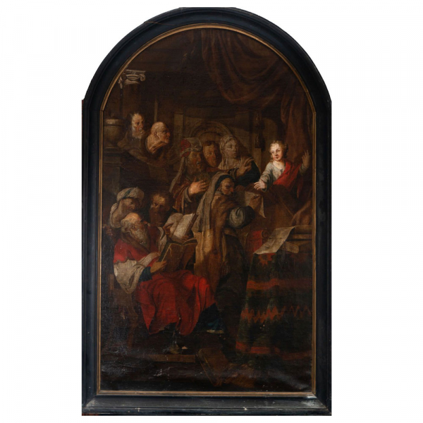 Jesús predicando a los Rabinos en el Templo, escuela flamenca del siglo XVII.    Óleo sobre lienzo