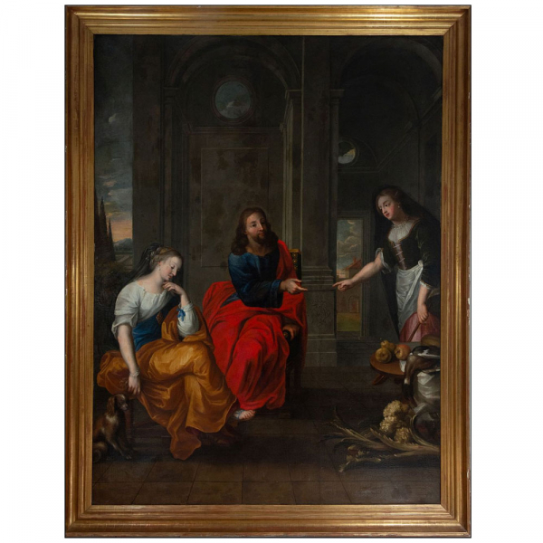 Gran escena de Cristo siendo recibido por Marta, círculo o taller de Hendrick Van Balen, escuela flamenca del siglo XVII. 