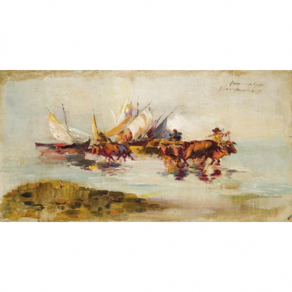 Bartolomé Mongrell Muñoz.   "Playa valenciana". Óleo sobre lienzo adherido a tabla.