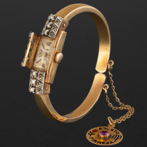 Reloj Joya antiguo en oro amarillo de 18kt y brillantes talla antigua.