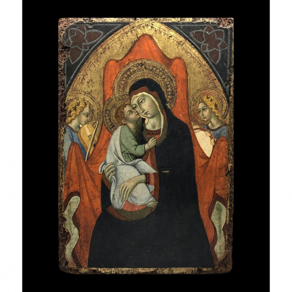 Magnífica Tabla Gótica Italiana de Madonna con Niño rodeada de ángeles, escuela florentina o sienense del siglo XIII.