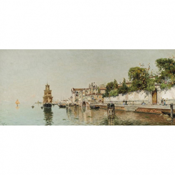 Antonio Reyna Manescau.   "Vista del Bacino, Venecia". Óleo sobre lienzo.