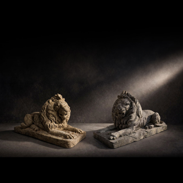 Pareja de leones en piedra de Vicenza tallados en bloque &uacute;nico, Italia, siglo XIX. 