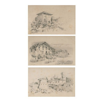 DARÍO DE REGOYOS Y VALDÉS (Atribuido)  &quot;Paisaje con casa Torre ; Caserío y Paisaje rural (3 obras) &quot;   