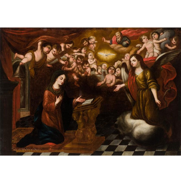 Escuela Española XVII-XVIII.  &quot;Anunciación&quot;. Óleo sobre lienzo.
