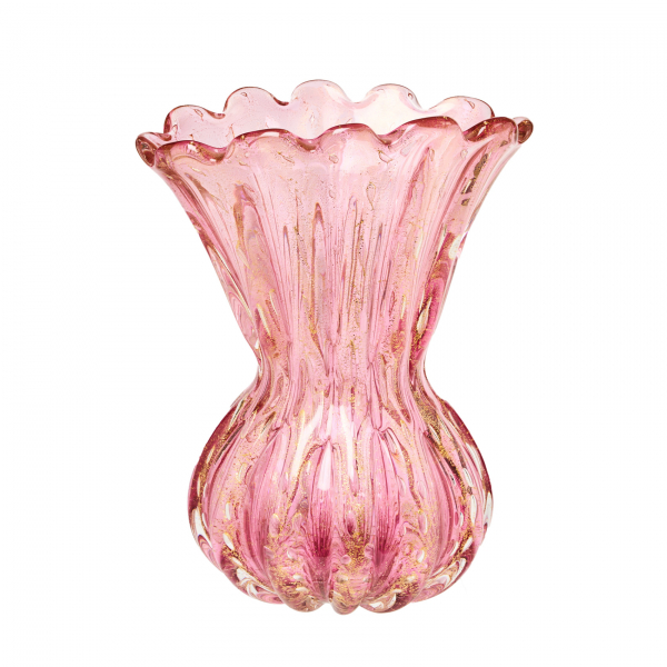 Ercole Barovier (Murano, Italia, 1889-1974) para la manufactura Barovier & Toso (Murano, Venecia, 1295). Jarrón en cristal de Murano acanalado y «bullicante» de boca polilobulada en tonalidad rosada con decoración «cordonato d’oro», c.1950.