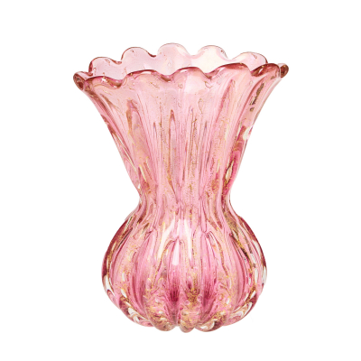 Ercole Barovier (Murano, Italia, 1889-1974) para la manufactura Barovier &amp; Toso (Murano, Venecia, 1295).  Jarrón en cristal de Murano acanalado y «bullicante» de boca polilobulada en tonalidad rosada con decoración «cordonato d’oro», c.1950.
