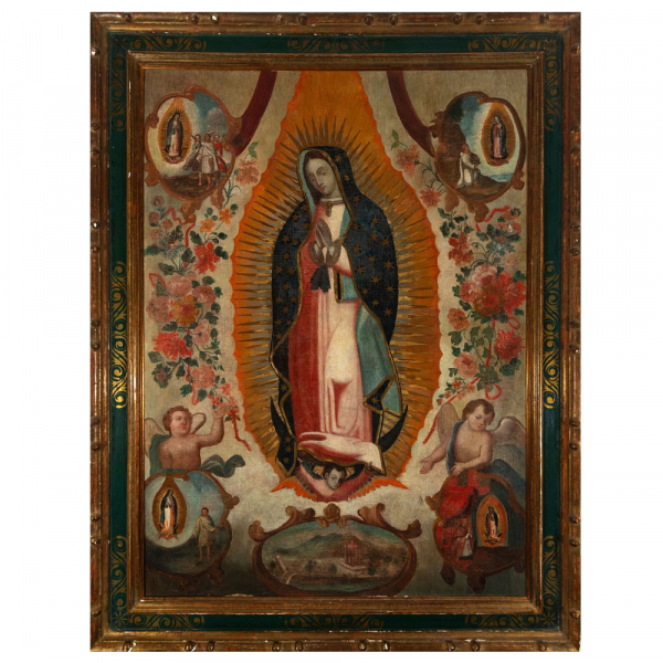 Círculo de Antonio DE TORRES (1666-c.1754) "Virgen de Guadalupe"Escuela Colonial Novohispana del siglo XVIII. Óleo sobre lienzo.
