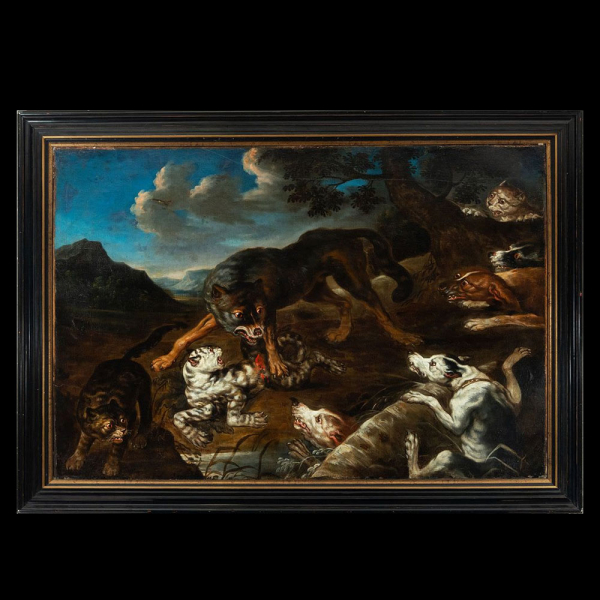 Escena de Caza, escuela flamenca de Paul de Vos del siglo XVII.   Óleo sobre lienzo.
