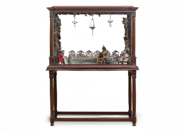 "La última cena".  Escaparate fernandino.  Figuras vestideras de madera policromadas, raso de seda y bordados de aplicación.  Trabajo español. h. 1830. 