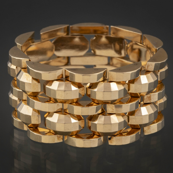 Pulsera ancha calada articuladas en oro amarillo de 18 kt, h.1950