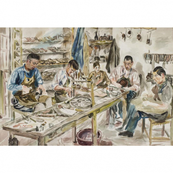 Benjamín Palencia.   "Zapatería (1942)". Acuarela. Firmada en el ángulo inferior izquierdo.