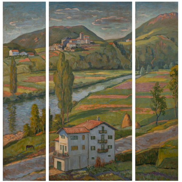 "Paisaje de Biriatou y el río Bidasoa" GASPAR MONTES ITURRIOZ (Irún, 1901 -1998) Óleo/Tabla