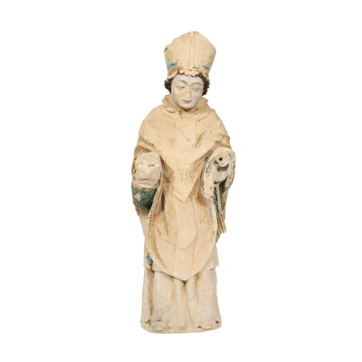 Escuela francesa, s.XV.  Obispo.  Escultura en piedra tallada y policromada.