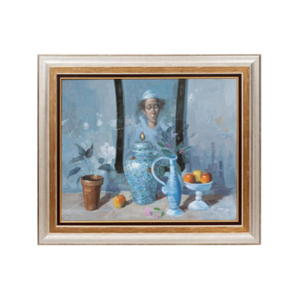 ALVARO REJA   (Badajoz 1964)  "Bodegón con mimo frente al espejo "  Firmado: Reja  Óleo / Lienzo 