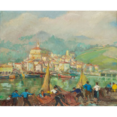 JESÚS LÓPEZ APELLÁNIZ   (Vitoria, Alava 1897-1969)  &quot;Puerto de Orio&quot;  Firmado: Jesús Apellániz  Óleo / Lienzo 