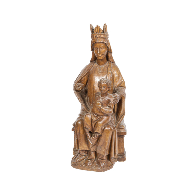 Escuela europea, fles. del s.XIII-ppios. del s.XIV.  Virgen entronizada con el Niño.  Gran escultura en madera tallada. 
