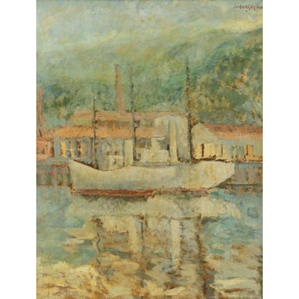 JUAN RAMÓN LUZURIAGA  (Bilbao 1938) &quot;Barco en la ría con chimeneas al fondo&quot;