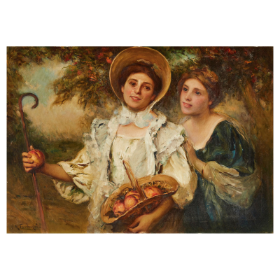 Josep Maria Tamburini Dalmau (Barcelona, 1856-1932) Muchachas recogiendo melocotones. &Oacute;leo sobre tela.