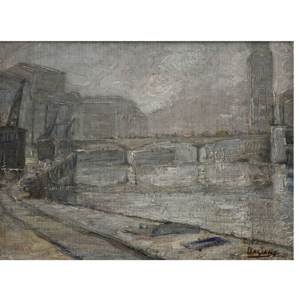 "Puente del Arenal" (Bilbao)   JESÚS BASIANO (Murchante, 1889-Pamplona, 1966) Óleo/Táblex