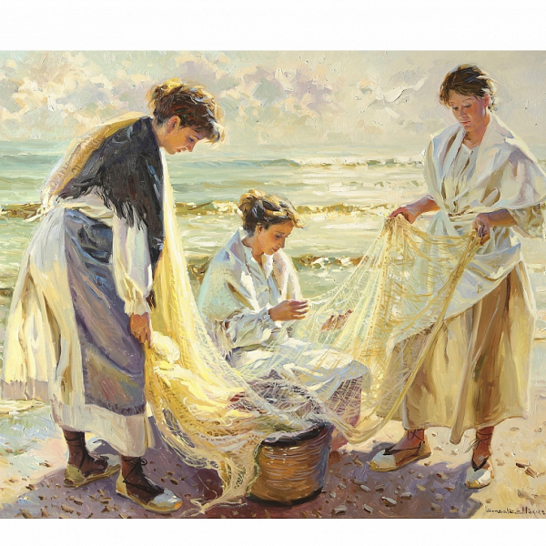 Juan González Alacreu (1937) "Tejedoras".  Óleo sobre lienzo. Firmado "Gonzalez Alacreu" en la esquina inferior derecha.