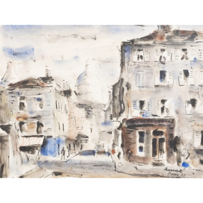 Josep Amat Pag&egrave;s (Barcelona, 1901-1991)  Calle de Par&iacute;s.  Acuarela sobre papel. Firmado 