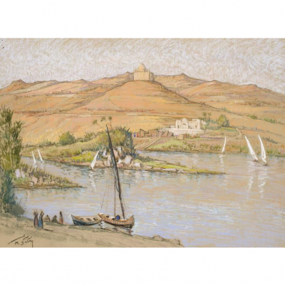 Mohammed Sabry.  "El Nilo a su paso por Asuan". Dibujo a pastel sobre papel.  Firmado