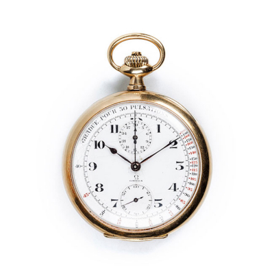 Reloj cronógrafo médico suizo, tipo lepine, OMEGA, en sólida caja de oro amarillo 18 K, 50 mm 