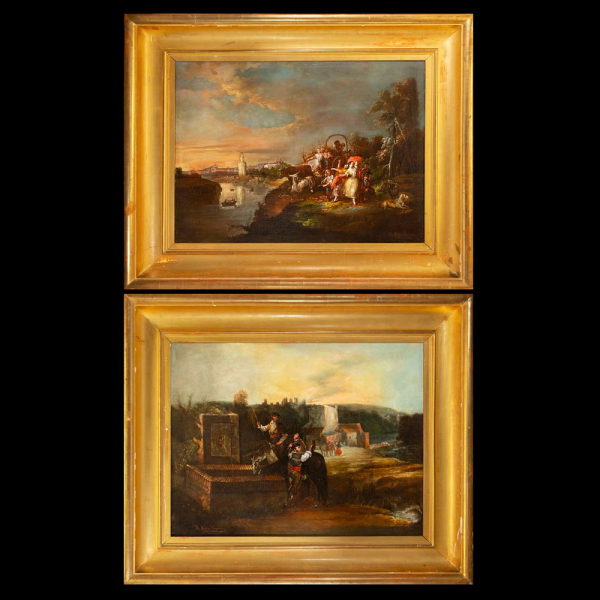 Espectacular Pareja de "Escenas costumbristas Andaluzas"de Manuel Rodríguez de Guzmán, siglo XIX. Óleo sobre lienzo.