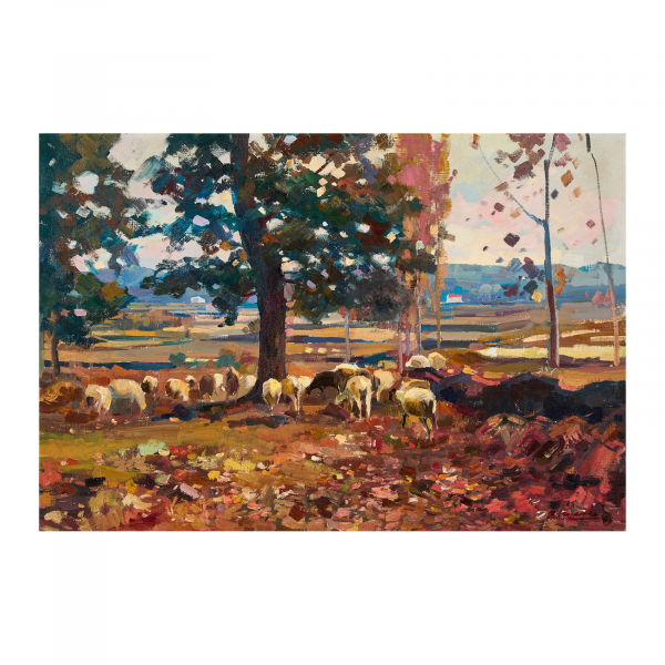 Ramon Barnadas (Olot, Girona, 1909-Vic, Barcelona, 1981) Rebaño de ovejas. Óleo sobre tela. Firmado.