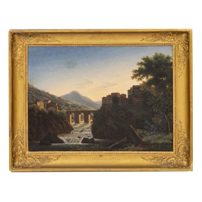 ARMAND BLANDIN  (Paris 1804) &quot;Paisaje con puente y casas&quot;