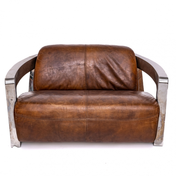 Sofá en acero cromado tapizado en piel color marrón del siglo XX